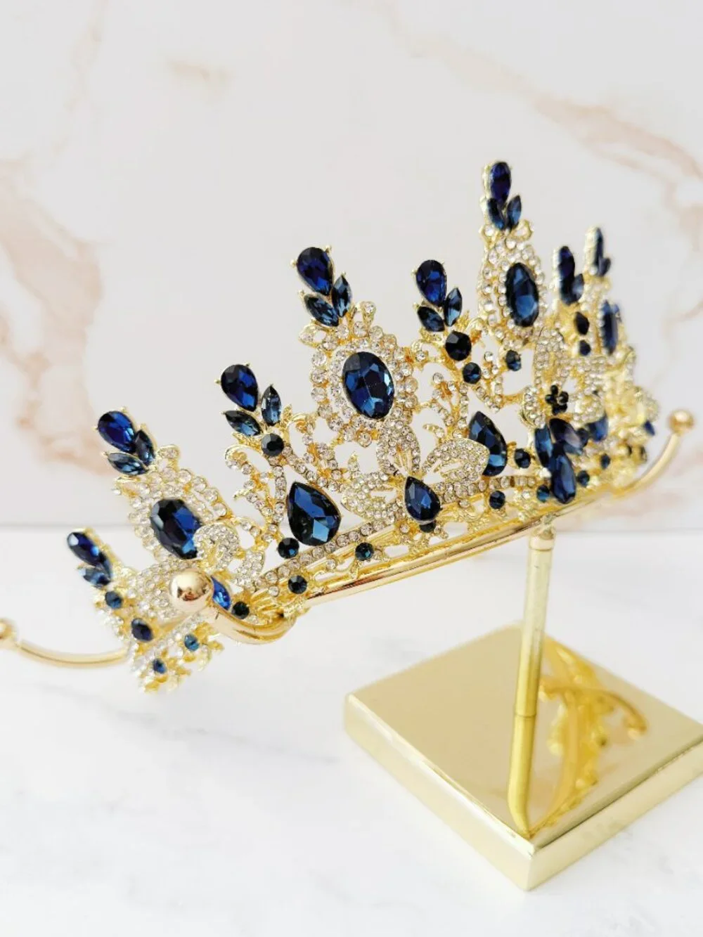Blue Crystal Flower Tiara Crown Gold Bridal Wedding Pageant Prom Queen Headpiece